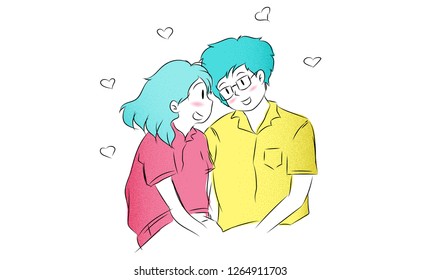 valentines day concept.Loving couple of teenagers.woman hugging boyfriend. Lover hugging. isolate background. vector illustration in hand drawn style. cartoon doodle design,grain,noise texture.clip art.