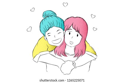 valentines day concept.Loving couple of teenagers.woman hugging boyfriend.Lover hugging. isolate background. vector illustration in hand drawn style.cartoon doodle design,grain,noise texture.clip art.
