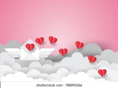 Valentine's day concept.Mail Love and envelope with scatter heart in the sky.Vector illustration.Paper and craft art