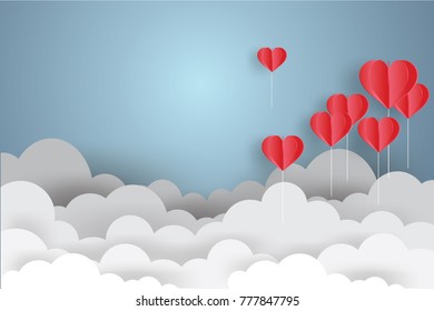 Valentine's day concept.Origami made balloon in red heart shape.Vector illustration.Paper and craft art