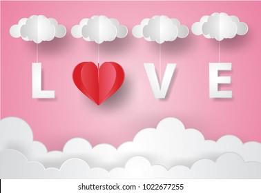 Valentine's day concept.Paper art of love with heart and cloud hang on sky, origami.Vector illustration.Paper and craft art