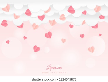 Valentine's day concept.Paper art of love with heart and cloud sky, origami.Vector illustration. Paper and craft art. Rain of hearts. Confetti splash with love text.