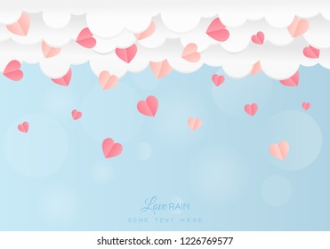 Valentine's day concept.Paper art of love with heart and cloud sky, origami.Vector illustration. Paper and craft art. Rain of hearts. Confetti splash with love text.