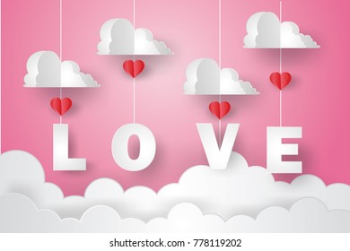 Valentine's day concept.Paper art of love with heart and cloud hang on sky, origami.Vector illustration.Paper and craft art