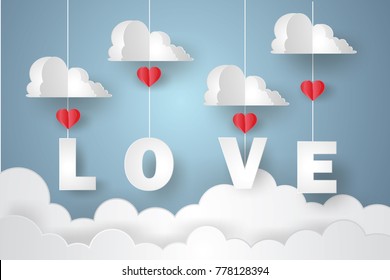 Valentine's day concept.Paper art of love with heart and cloud hang on sky, origami.Vector illustration.Paper and craft art