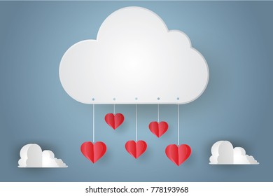 Valentine's day concept.Paper art of love with heart and cloud hang on sky, origami.Vector illustration.Paper and craft art