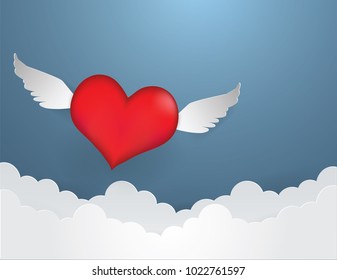 Valentine's day Concept,Red heart with wings on the sky ,paper craft style.