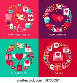 Valentines Day Concepts Set. Four Flat Poster Design Vector Illustration. Collection of Love Holiday Objects.
