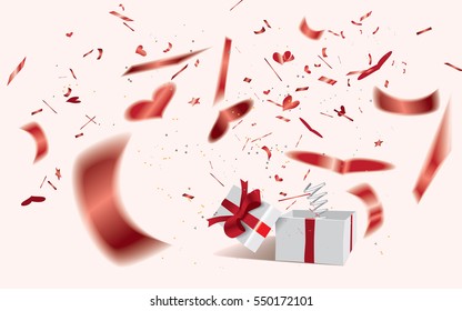 Valentine's Day concept-surprising gift box with defocused red heart shaped confetti jumping out like a jack in the box.Vector illustration.