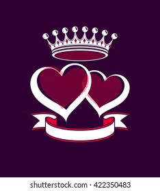 Valentines day conceptual illustration, two loving hearts with 3d royal crown. Wedding couple romantic element, best for use in graphic design.