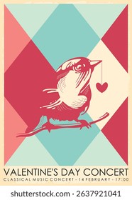 Valentines day concert retro poster design with singing bird holding the heart graphic. Valentines day vector illustration banner.