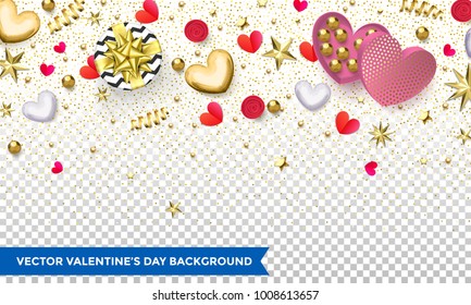 Diseño de fondo de San Valentín de fondo de confeti de corazones y brillo dorado o patrón de flores para vacaciones. Afiche vectorial Valentine de brillantes estrellas de oro, dulces y regalos de amor.