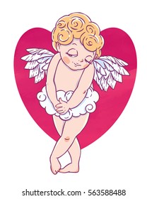 Valentine's day. Confused Cupid-boy cloud pants with heart shape. Vector illustration