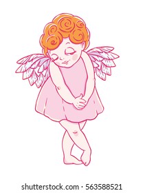 Valentine's day. Confused Cupid-girl in dress. Vector illustration