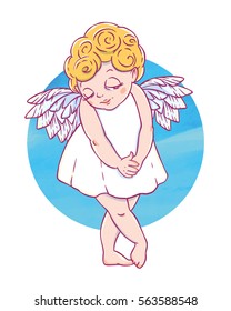 Valentine's day. Confused Cupid-girl with watercolor circle. Vector illustration