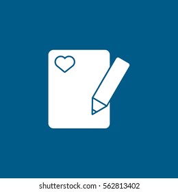 Valentines Day Congratulation Card With Heart And Pencil Flat Icon On Blue Background