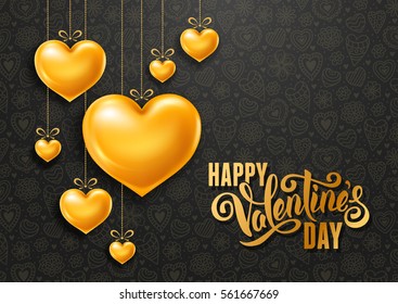 Diseño de la felicitación del Día de San Valentín con brillantes y brillantes corazones dorados, símbolo de amor y inscripción de caligrafía sobre fondo negro. Ilustración vectorial.