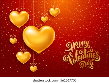 Valentines Day congratulation design with shiny and glossy golden hearts, symbol of love and calligraphy inscription on red background. Vector illustration.