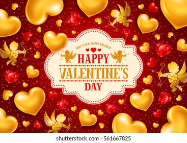 Valentines Day congratulation design with shiny and glossy golden hearts, symbol of love, cupids and diamond hearts on red background. Vector illustration.