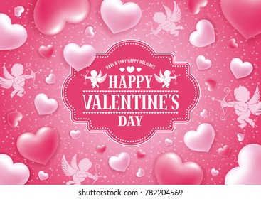 Valentines Day congratulation design with shiny and glossy hearts, symbol of love, cupids and lettering inscription on pink background. Vector illustration.