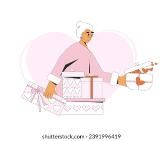 Valentine's Day congratulation. Remote giving and receiving presents. February 14 banner with romantic senior person. Vector flat outline illustration