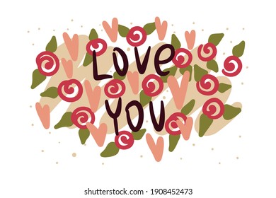 Día de San Valentín, felicitaciones por postales, sketch a mano con corazones y la inscripción. Rosas y corazones, texto - Te amo. Ilustración de diseño de vectores para impresión
