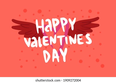 Día de San Valentín, felicitaciones por postales, sketch a mano con corazones y la inscripción. Corazón con alas, texto - Feliz Día de San Valentín. Ilustración de diseño de vectores para impresión