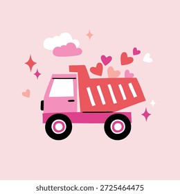 Valentine's Day construction dumper design on isolated pink background. Hand drawn clipart with truck and hearts. 