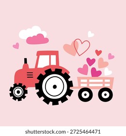 Valentine's Day construction tractor design on isolated pink background. Hand drawn clipart with truck and hearts. 
