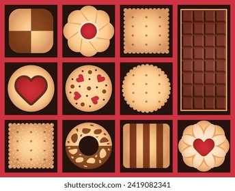 Valentine's Day cookie set and dark chocolate vector illustration. sweet chocolate, cream, strawberry cookies, vanilla, and biscuits. delicious dessert, yummy, Valentine's gift. present for lover.