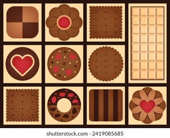 Valentine's Day cookie set and white chocolate vector illustration. sweet chocolate, cream, strawberry cookies, vanilla, and biscuits. delicious dessert, yummy, Valentine's gift. present for lover.