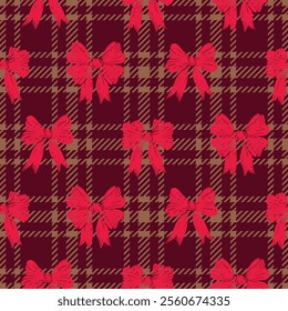 Valentines Day Coquette bow plaid red tweed style pattern. Geometric check print love romantic gift paper wrap. Classical English background Glen plaid for textile, fleece fabric or kitchen clothing