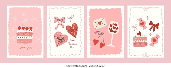 Valentine's day coquette cards, poster set with hand drawn doodle elements. Trendy cute design with whimsical frames, sweet cakes, love letter, gifts, bows, cherries. Perfect for cover, banner, ads.