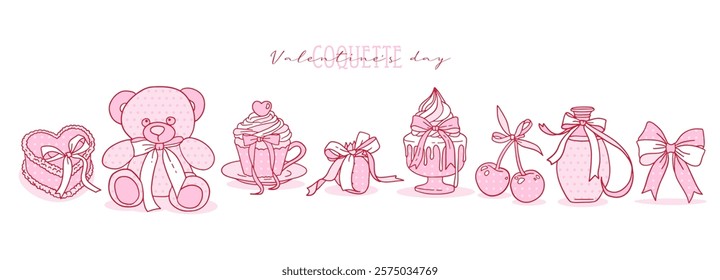 Valentine's day coquette clipart set with cute romantic aesthetic and crafts Bows, pink ribbon and polka dot pattern. Vector contour hand drawn illustration.