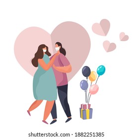 Valentine's Day in Coronavirus Quarantine.Lesbian Female Couple in Medical Masks.Woman Kiss. Homosexuality and LGBTQ,  Lesbians.Love relationship, Romantic date.Flat Vector Illustration