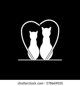 Valentines Day Couple Cats In Heart Flat Icon On Black Background