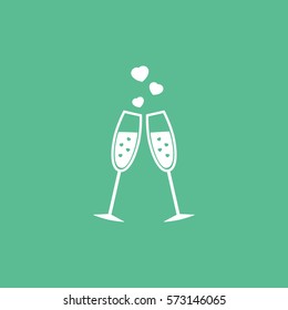Valentines Day Couple Champagne Glasses With Hearts Flat Icon On Green Background
