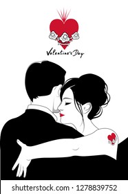 Valentine's Day. Couple dancing romantic music. Girl embraced man with heart tattoo on his shoulder