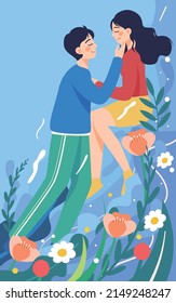 Valentines day couple dating and kissing with flowers and plants in the background, vector illustration