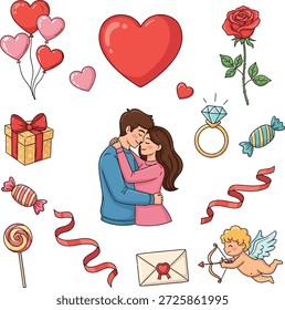 Valentine's Day couple embracing surrounded by heart shaped balloons candies gifts valentines love