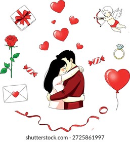 Valentine's Day couple embracing surrounded by hearts gifts and symbols valentines