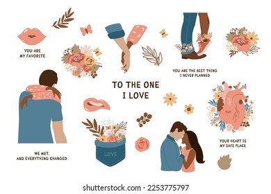 Valentines day couple, flowers, phrases vector isolated elements for the February 14th, save the date design, romantic love illustration. Couple in love hugging, kissing, holding hands, heart.