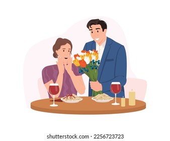 Valentine's day, couple having romantic dinner. The man who surprises his girlfriend with a flower.