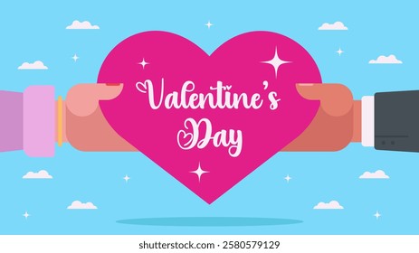 Valentine's Day with couple holding pink love on blue background with clouds