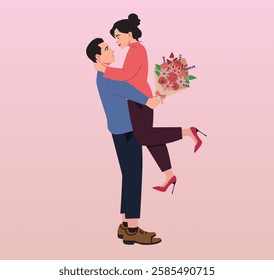 Valentine's Day, couple hugging, couple gazing lovingly, flowers, love story