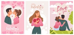 Valentine's Day. A Couple In Love Hugs And Kisses. February 14. Cute Cartoon Vector Postcards

