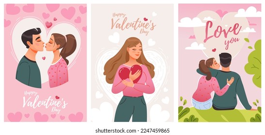 Día de San Valentín. Una pareja en el amor abrazos y besos. 14 de febrero. Postales vectoriales de dibujos animados

