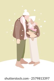 Valentine's day. A couple in love hugs and kisses. February 14. Cute cartoon vector illustration.Lovers stand on the snow in warm clothes. Greetings, gifts, flowers