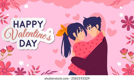 Valentine's day A couple in love hugs and Kisses. Cute cartoon vector illustration background