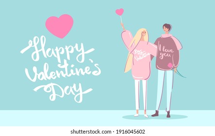 Valentine's Day, couple in love, lettering. Guy and a girl on a romantic date. Pink heart and congratulations.